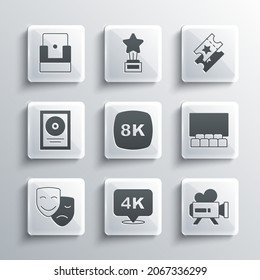 Set 4k Ultra HD, Retro cinema camera, Cinema auditorium with screen, 8k, Comedy and tragedy masks, CD disk award frame, chair and ticket icon. Vector