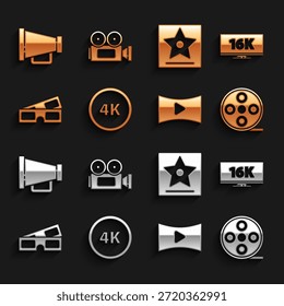 Conjunto 4k Ultra HD Video, pantalla de televisión con 16k, carrete de película, juego en línea, gafas de cine 3D, paseo de Hollywood de la estrella de la fama, megáfono e icono de cámara de cine. Vector