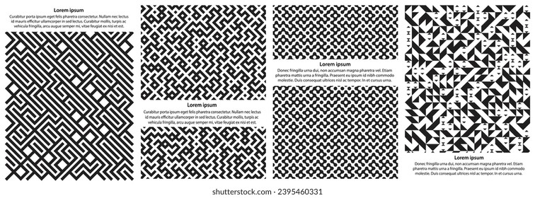 Set of 4-style maze patterns black and white poster cover design. Vector illustration.