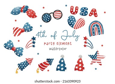 set of 4th of July America party element watercolor painting vector