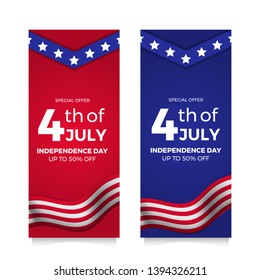 set 4th July American independence day vertical flyer sale offer banner with flag and star with blue and red background