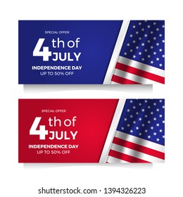 set 4th July American independence day horizontal flyer sale offer banner with flag and star with blue and red background