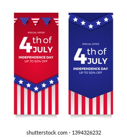 set 4th July American independence day vertical flyer sale offer banner with flag and star with blue and red background