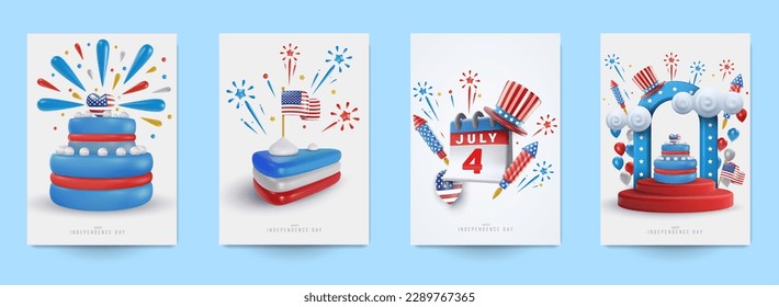 Set 4th of july american independence day template for banner, flyer, poster, card. Mockup creative modern celebration composition. Holiday minimal patriotic concept art. Vector illustration.