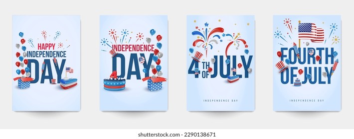 Set 4th of july american independence day template for banner, flyer, poster, card. Mockup creative modern celebration composition. Holiday minimal patriotic concept art. Vector illustration.