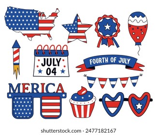 Set of 4th of July elements. America Independence Day symbols and icons - flags, map, fireworks, cake and other. American national graphics in flat style. Stock vector