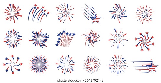 Set of 4th of july fireworks in a flat design
