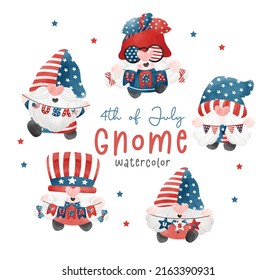 set of 4th of July Gnomes holding USA Flag banner garland element, Independence day element.Digital painting watercolor cartoon vector