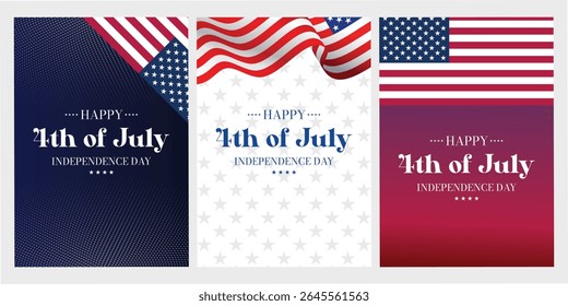 A set of 4th of July Happy Independence Day celebration poster, banner, card, and social media templates vector illustration. American flag frame background. Flyer design. EPS 10 format. 