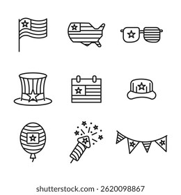 Set of 4th July line art editable themed Icons
