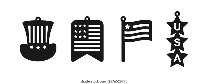 Set of 4th of July patriotic earrings, pendant or keychain design. Jewelry silhouette cut template. Laser cutting with leather, wood or metal. Vector illustration file