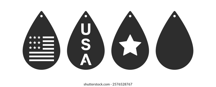 Set of 4th of July patriotic teardrop earrings, pendant or keychain design. Jewelry silhouette cut template. Laser cutting with leather, wood or metal. Vector illustration file