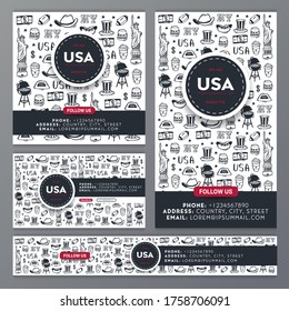 Set of 4th July Social Media Banners. Independence day of USA. Hand draw doodle background.