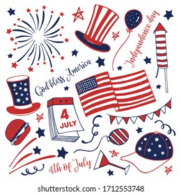 Set for 4th of July. USA Independence day. Flag, hats, balloons, fireworks and other objects. Hand drawn vector sketch illustration