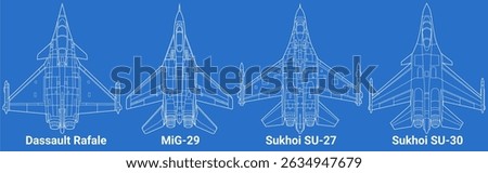 Set of 4th-generation fighter jet in blueprint style from top view. Vector illustrations dassault rafale, mig 29, su 27, su 30 fighter jet. Various military combat aircraft design from fourth gen.