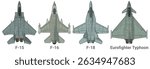 Set of 4th-generation fighter jet in colored style from top view. Vector illustrations f-15, f-16, f-18 and eurofighter typhoon jet. Various military combat aircraft design from fourth gen.