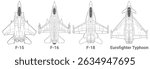 Set of 4th-generation fighter jet in lineart style from top view. Vector illustrations f-15, f-16, f-18 and eurofighter typhoon jet. Various military combat aircraft design from fourth gen.