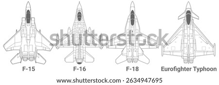 Set of 4th-generation fighter jet in lineart style from top view. Vector illustrations f-15, f-16, f-18 and eurofighter typhoon jet. Various military combat aircraft design from fourth gen.
