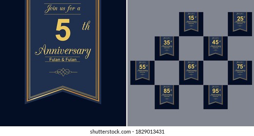 set 5, 15, 25, 35, 45, 55, 65, 75, 85, 95 Years Anniversary Celebration Vector Template Design Illustration