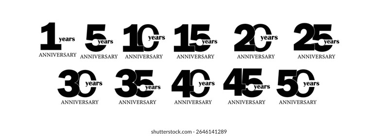Set of 5 to 50 Years Anniversary Celebration logotype. birthday celebration emblem design for booklet, leaflet, magazine, brochure poster, web, invitation or greeting card. Vector.
