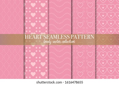 Set of 5 abstract background texture. Dot and heart shape seamless pattern. Minimal style vector illustration 