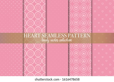 Set of 5 abstract background texture. Dot and heart shape seamless pattern. Minimal style vector illustration 