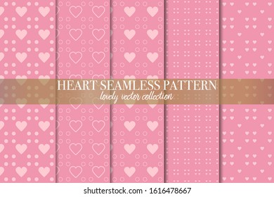 Set of 5 abstract background texture. Dot and heart shape seamless pattern. Minimal style vector illustration 