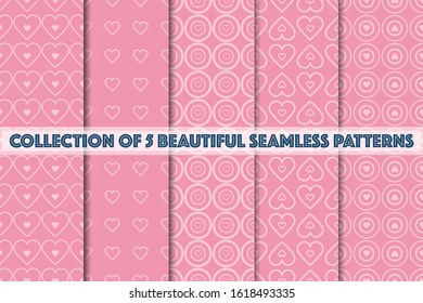 Set of 5 abstract background texture. Dot and heart shape pattern. vector illustration for wallpaper, flyer, cover, design. Beauty ornament, decorative element