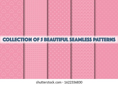 Set of 5 abstract background texture. Dot and heart shape seamless pattern. Minimal style vector illustration forwallpaper, flyer, cover, design. Bubble circle geometric ornament, decorative element