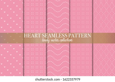 Set of 5 abstract background texture. Dot and heart shape seamless pattern. Minimal style vector illustration forwallpaper, flyer, cover, design. Bubble circle geometric ornament, decorative element