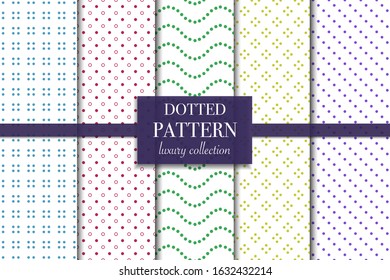 Set of 5 abstract background texture. Dotted pattern. Minimal polka dot style vector illustration for wallpaper, flyer, cover, design. Repeating circle geometric ornament, decorative element