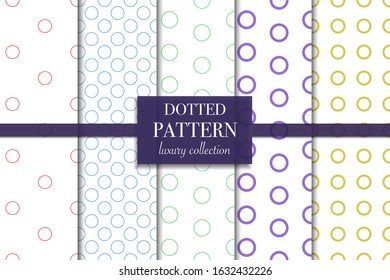 Set of 5 abstract background texture. Dotted pattern. Minimal polka dot style vector illustration for wallpaper, flyer, cover, design. Repeating circle geometric ornament, decorative element
