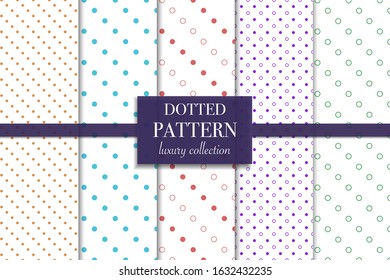 Set of 5 abstract background texture. Dotted pattern. Minimal polka dot style vector illustration for wallpaper, flyer, cover, design. Repeating circle geometric ornament, decorative element