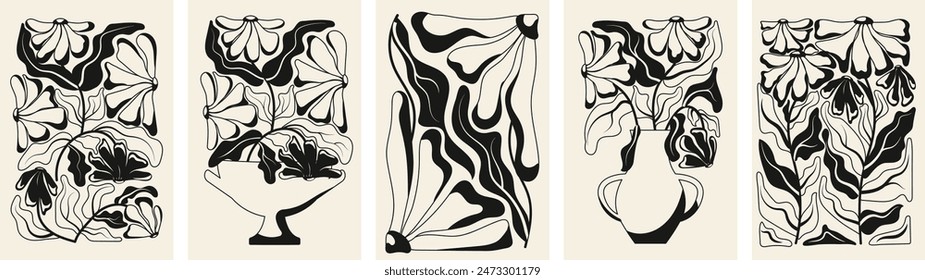 Set of 5 abstract black and white floral posters.Floral botanical vector illustration. Modern poster and background in trendy naive retro hippie 60's 70's retro style. Vector illustration