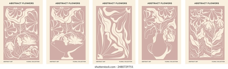 Set of 5 abstract black and white floral posters.Floral botanical vector illustration. Modern poster and background in trendy naive retro hippie 60's 70's retro style. Vector illustration