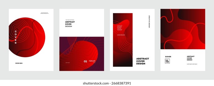 Conjunto de 5 diseños de portada abstractos con fondos degradados rojos y oscuros con Formas fluidas y líneas rojas. Perfecto para branding, informes y presentaciones.