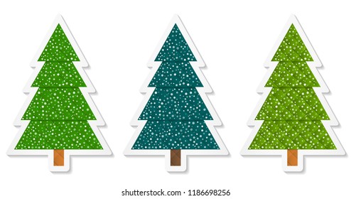 Set 5 of abstract geometric coniferous trees stickers with snow. Three shades of green. Vector EPS 10