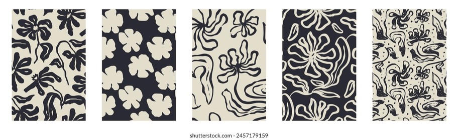 Set of 5 abstract minimalist cards with ink blooms. Monochrome floral posters bundle with black scandinavian flowers.