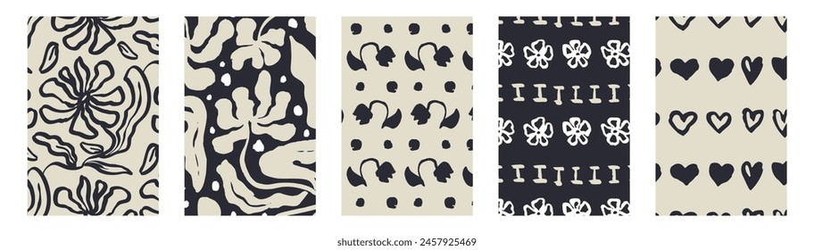 Set of 5 abstract minimalist cards with ink blooms. Monochrome floral posters bundle with black scandinavian flowers.