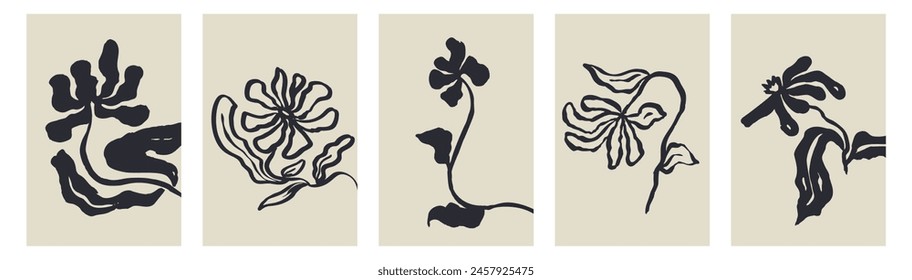 Set of 5 abstract minimalist cards with ink blooms. Monochrome floral posters bundle with black scandinavian flowers.