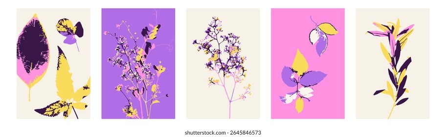 Set of 5 abstract minimalist floral cards with herbs. Collection of vertical backgrounds with modern whimsical botanical designs. Posters bundle with cottage core plants.