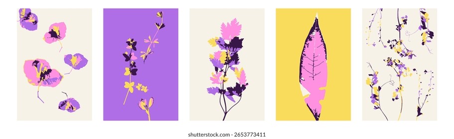 Conjunto de 5 cartões florais minimalistas abstratos com ervas. Coleção de fundos verticais com desenhos botânicos modernos caprichados. Pôsteres empacotados com plantas de núcleo cottage.