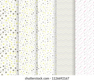 Set of 5 abstract seamless patterns with geometric elements. The template is suitable for posters, postcards, tissue or wrapping paper