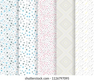 Set of 5 abstract seamless patterns with geometric elements. The template is suitable for posters, postcards, tissue or wrapping paper