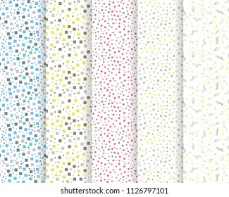 Set of 5 abstract seamless patterns with geometric elements. The template is suitable for posters, postcards, tissue or wrapping paper