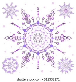 Set of 5 abstract snowflakes. Blow snow texture on a white background. Winter mood background. Winter weather. Abstract snowstorm with violet snowflakes. Winter background. Windstorm.