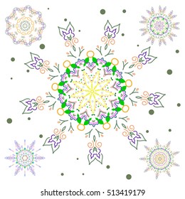Set of 5 abstract snowflakes. Blow snow texture on a white background. Winter mood background. Winter weather. Abstract snowstorm with brown and green snowflakes. Winter background. Windstorm.