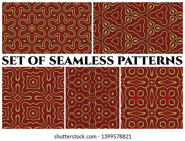 Set of 5 abstract trendy seamless patterns with decorative ornament of red and golden shades