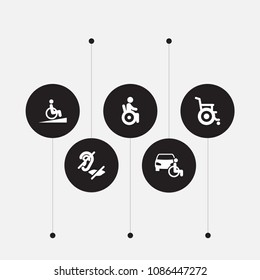 Set of 5 accessibility icons set. Collection of car, springboard, wheelchair and other elements.