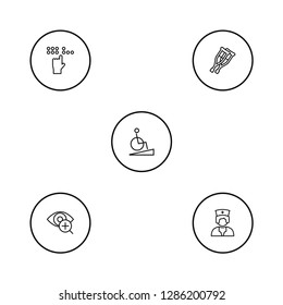 Set of 5 accessibility icons line style set. Collection of blind, springboard, nurse and other elements.